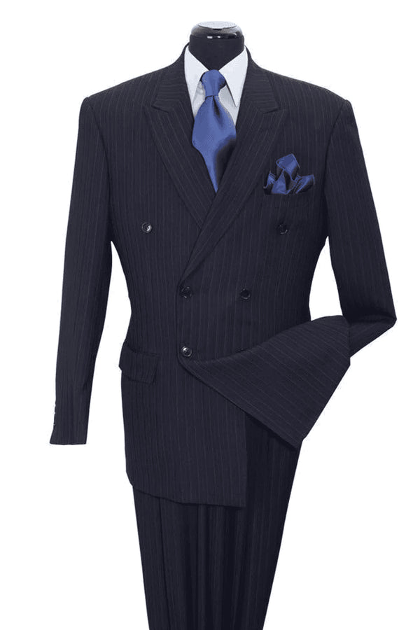 Navy Blue Pinstripe For Mens Classic Double Breasted Smooth Pinstripe Suit in Navy