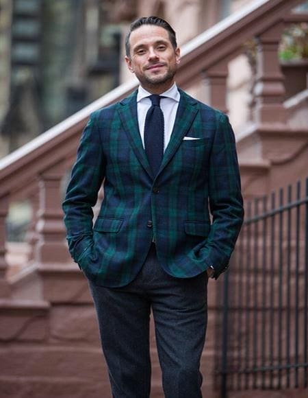 Men's Green and Blue Tartan Plaid Window Pane Checkered Suit With Matching Vest