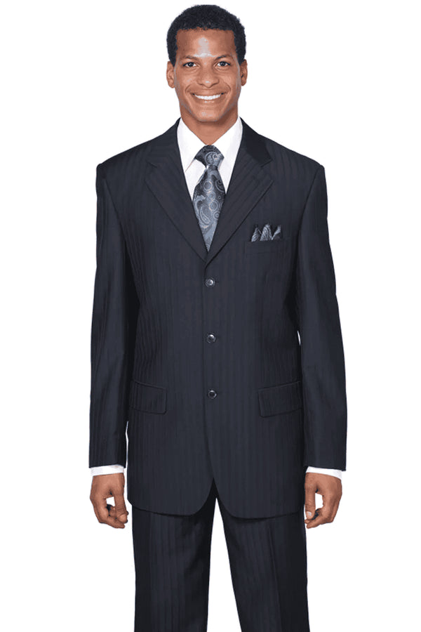 Navy Blue Pinstripe For Mens Classic Fit 3 Button Tonal Pinstripe Suit in Navy Blue