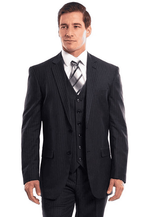 Navy Blue Pinstripe For Men's Two Button Vested Business Suit in Navy Blue Pinstripe