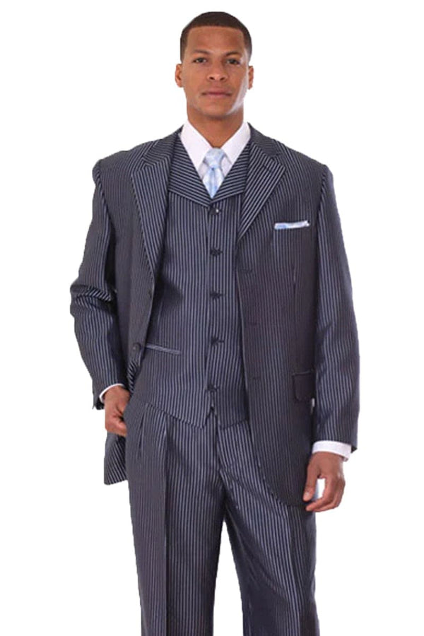 Big and Tall Navy Blue Suit MENS 3 BUTTON VESTED SHINY SHARKSKIN NARROW PINSTRIPE SUIT IN NAVY BLUE