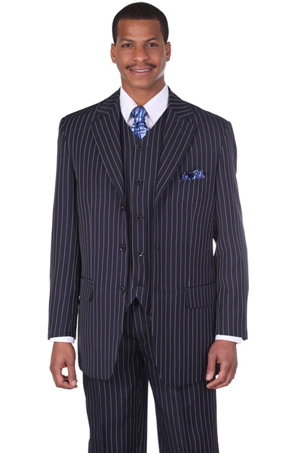 Big and Tall Navy Blue Suit MENS 3 BUTTON VESTED VINTAGE BOLD GANGSTER PINSTRIPE SUIT IN NAVY BLUE