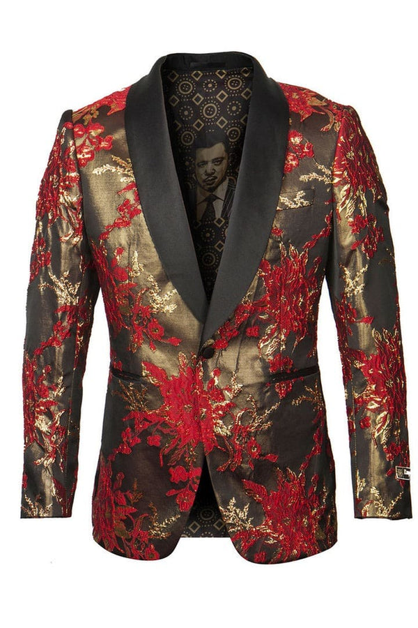 Black and Red Suit Men's Shiny Satin Paisley Prom Tuxedo Jacket in Red & Gold