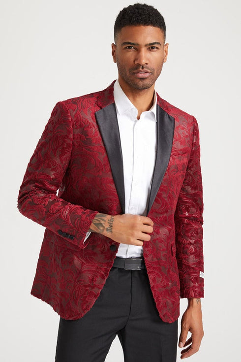 Black and Red Suit Men's Stacy Adam's Paisley Velvet Prom & Wedding Tuxedo Jacket in Red