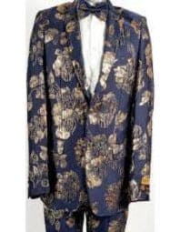 Mens 2 Button Navy Blue & Gold Foil Floral Paisley Prom & Wedding Tuxedo