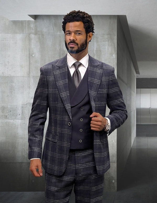 Statement ITALY Suit - Super 150's Wool Suit Statement Men's 3 Piece 100% Wool Fashion Suit - Plaid Pattern