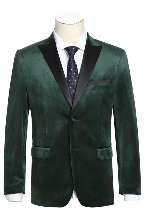 Mens Two Button Peak Lapel Velvet Prom Tuxedo Blazer in Hunter Green