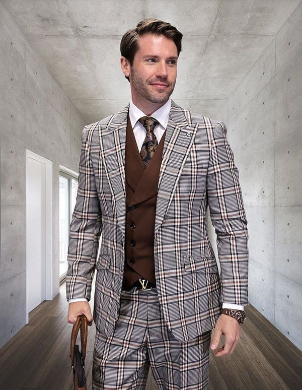 Statement ITALY Suit - Super 150's Wool Suit Statement Men's 3 Piece Modern Fit 100% Wool Suit - Sharp Plaid