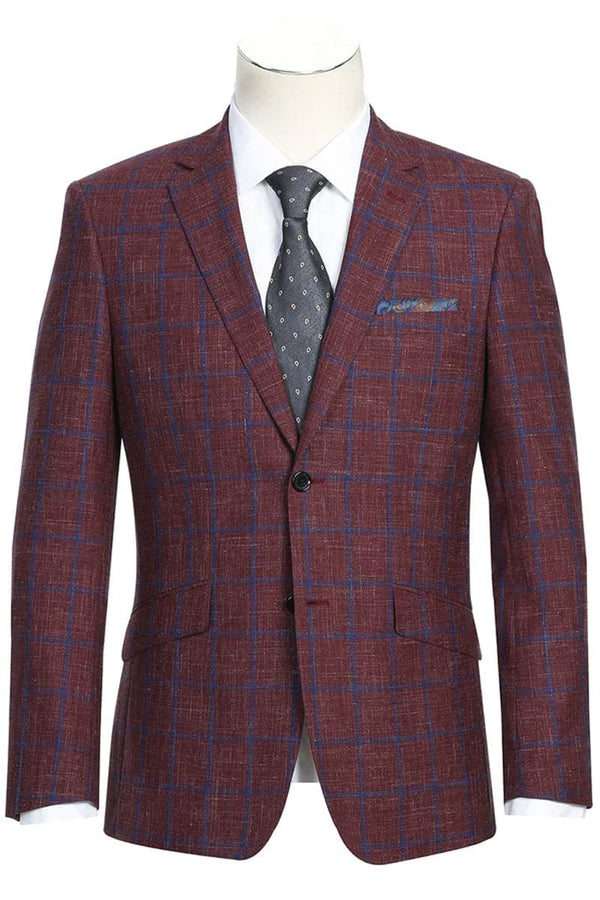 Sacos Para Hombre - Sacos Vaqueros Mens Slim Fit Two Button Wool Sport Coat Blazer in Burgundy & Blue Windowpane Plaid