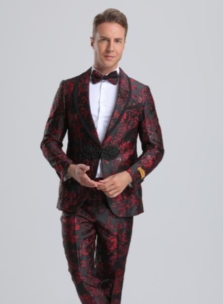 Black and Red Suit Paisley Suits - Wedding Tuxedo - Groom Red ~ Black Suit + Matching Bowtie