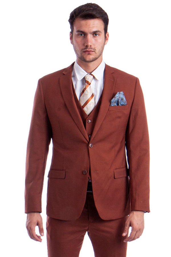 Men's Two Button Slim Fit Vested Solid Basic Color Suit in Light Brown Rust | CLOSE OUT 44R