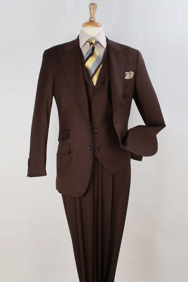 Big and Tall Brown Suit MENS BROWN WIDE PEAK LAPEL VESTED SUIT IN SUPER 150'S MERINO WOOL