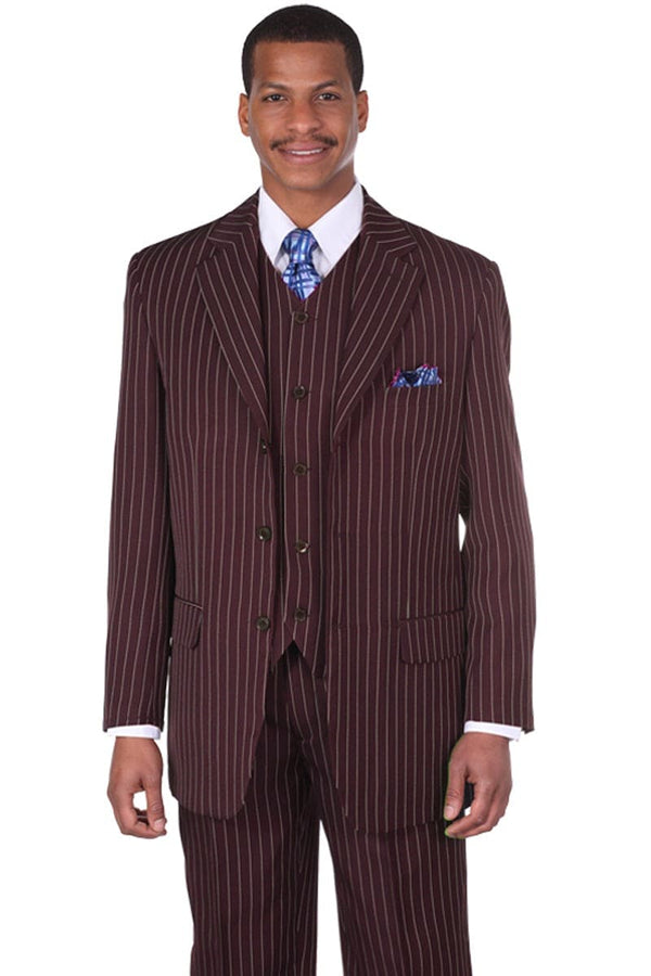 Big and Tall Brown Suit MENS 3 BUTTON VESTED VINTAGE BOLD GANGSTER PINSTRIPE SUIT IN BROWN