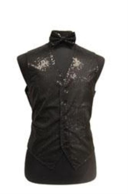 Sparkly Bow Tie Satin Shiny Sequin Dress Tuxedo Wedding Vest/bow tie set Black - Men's Neck Ties - Mens Dress Tie - Trendy Mens Ties