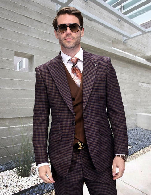 Statement ITALY Suit - Super 150's Wool Suit Statement Men's 3 Piece Modern Fit 100% Wool Suit - Two Tone Windowpane