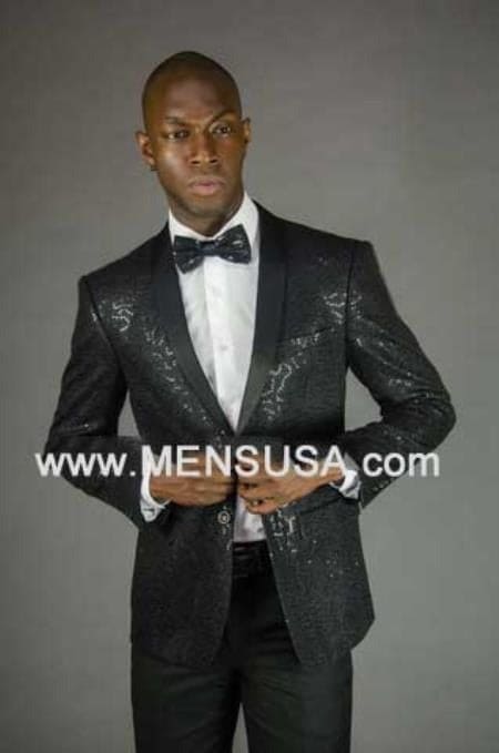 Sequin Blazer 2 Button Sequin Shawl Lapel Slim Fit Jacket Black