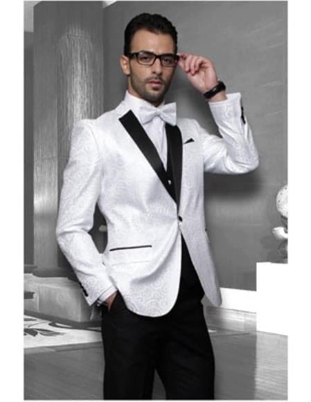 Men's White Sport coat Black Lapel Floral Shiny Tuxedo Paisley Flashy Satin Stage Dance