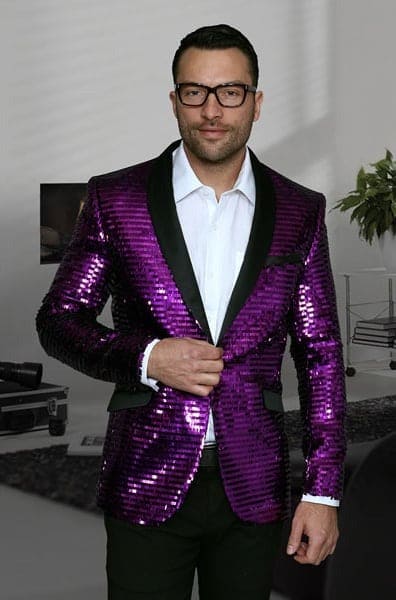 Men's Purple Shiny Sequin Paisley 1 Button Blazer Dinner Jacket Sport Coat Jacket Sharkskin Flashy Stage Available in Peak Lapel