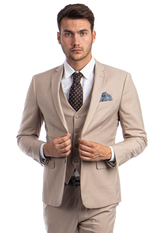 Men's Two Button Slim Fit Vested Solid Basic Color Suit in Medium Tan | CLOSE OUT 48R