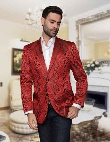 Men's Floral Sateen Unique Paisley Sport Coat/Fancy Stage Party Two Toned Cheap Priced Blazer Jacket For Men / Dinner Men's Jacket Red / Sport coat