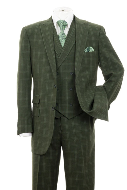 Mens Olive Plaid Suit 2 Button Double Breasted Vest Suit In Olive Windopane Plaid