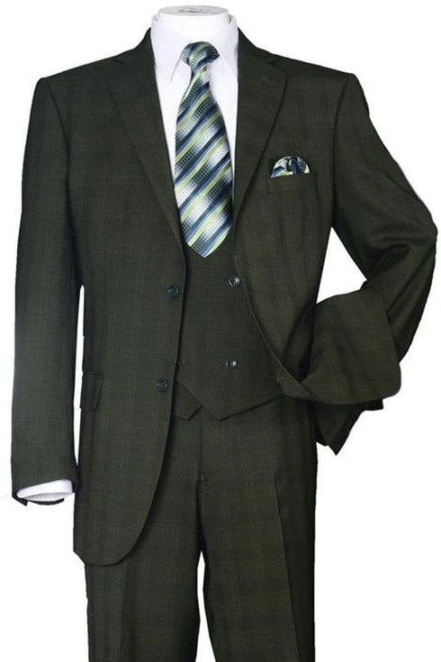 Mens Olive Plaid Suit 2 Button Double Breasted Vest Suit In Olive Windopane Plaid