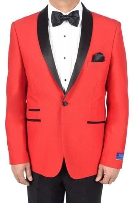 Holiday Suit - Christmas Suit - Christmas Blazer Men's Red 1 Button Viscose Blend Tuxedo Solid Pattern Shawl Lapel Dinner Jacket - Red Tuxedo