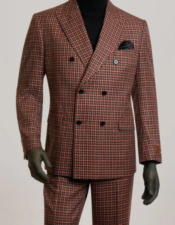 Steve Harvey Suits - Gray and Burnt Rust Checkered Suit - Plaid Textured Pattern Suit Modern Fit