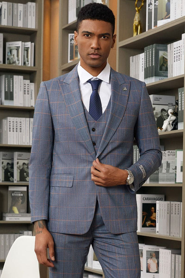 Mens Navy Plaid Suit Stacy Adam's One Button Vested Peak Lapel Suit In Navy Blue & Orange Windowpane Plaid