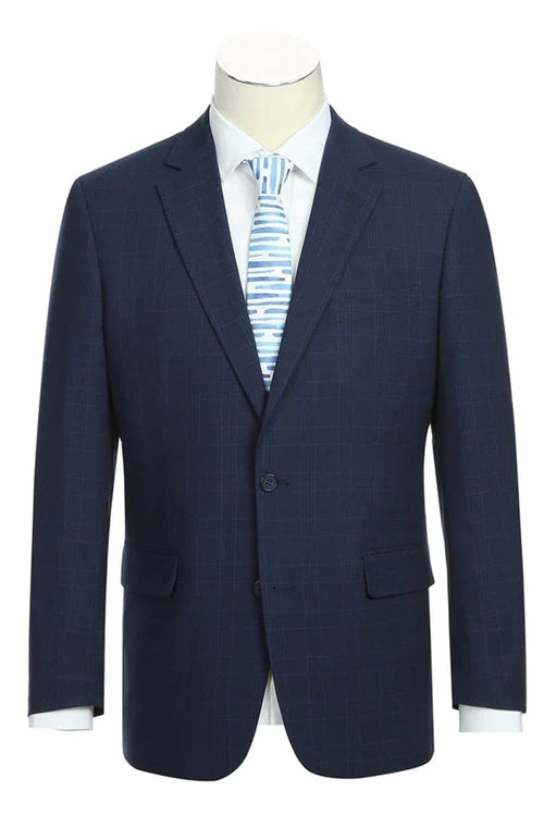 Mens Navy Plaid Suit Classic Fit Two Button Suit In Dark Blue Windowpane Plaid Check