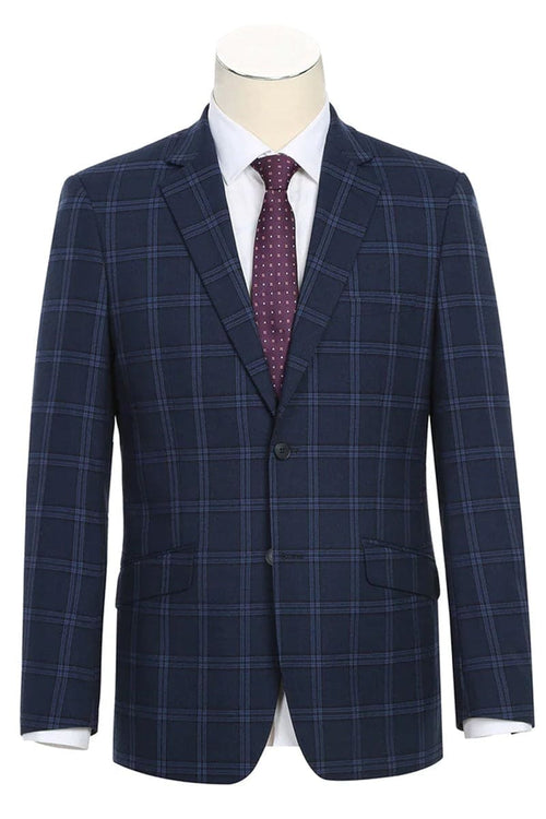 Mens Navy Plaid Suit Slim Fit Two Button Stretch Suit In Dark Navy Wide Windowpane Plaid