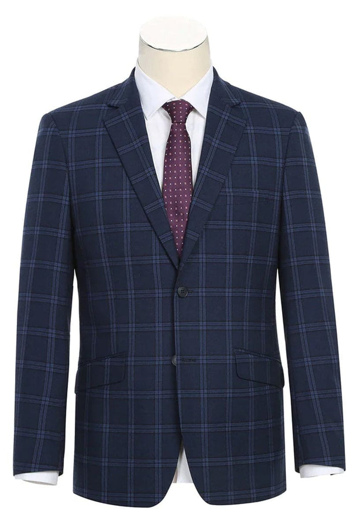 Mens Navy Plaid Suit Slim Fit Two Button Stretch Suit In Dark Navy Wide Windowpane Plaid