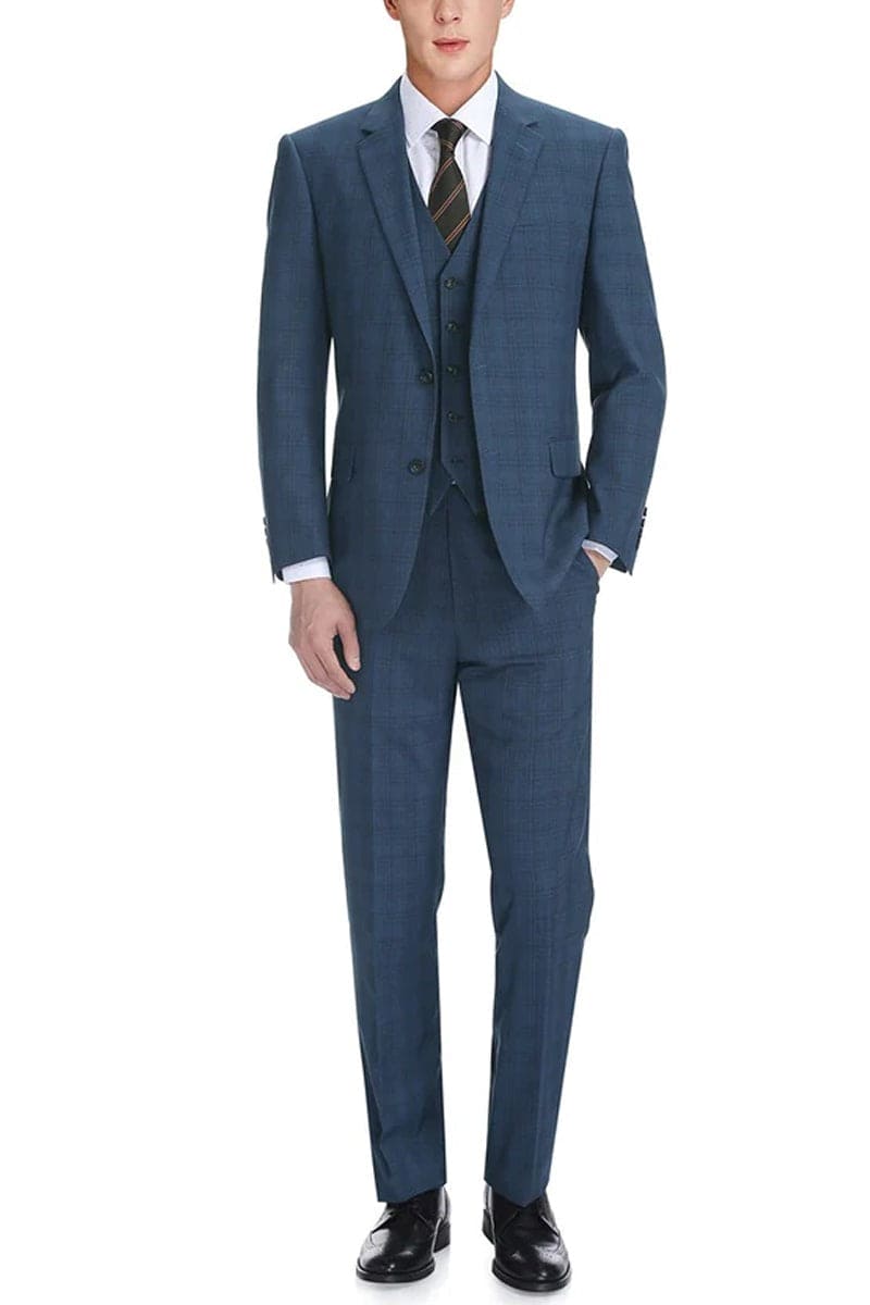 Mens Navy Plaid Suit Two Button Classic Fit Vested Suit In Navy Blue Windowpane Plaid