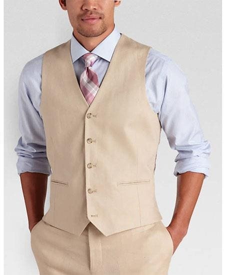 Mens Linen Vest And Pants Set - Wedding Summer Vest  in Tan