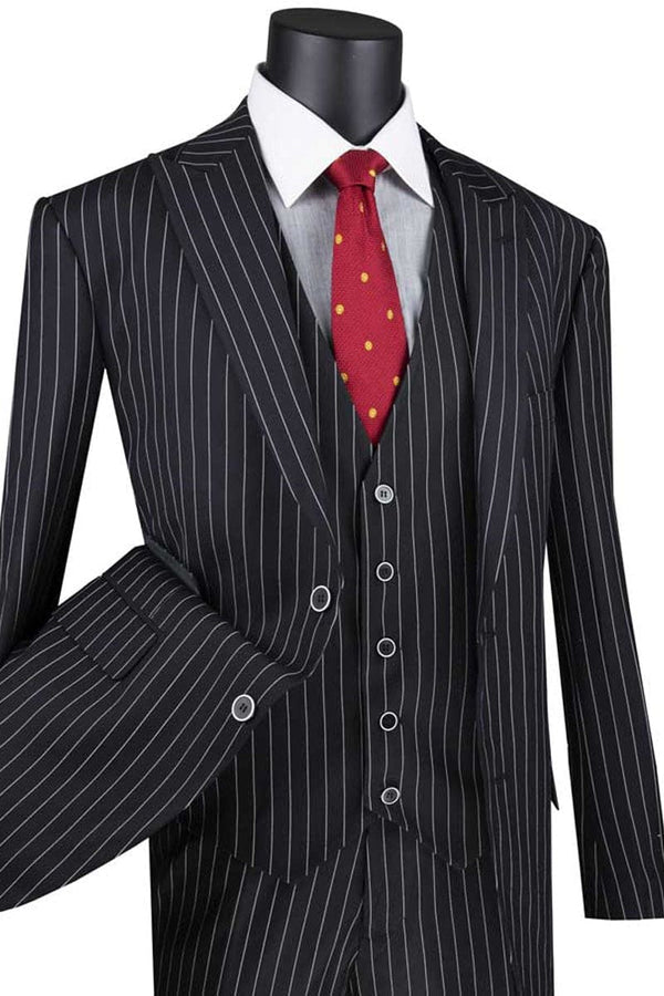 Mens Vested Bold Gangster Pinstripe Suit in Black