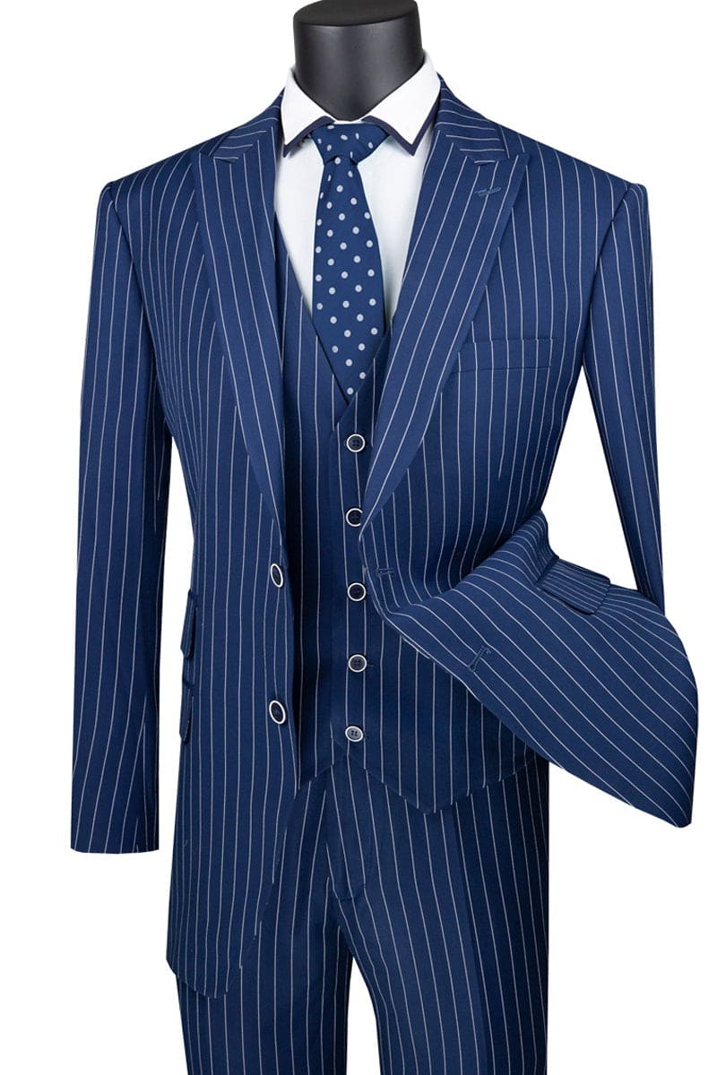 Men’s Navy Blue Vested Bold Gangster Pinstripe Suit, 3 Piece Formal 1920s Dress Suit