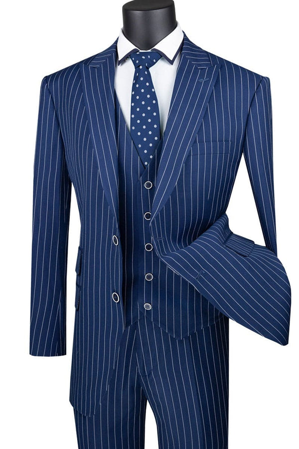 Mens Vested Bold Gangster Pinstripe Suit in Navy Blue