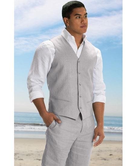 Mens Linen Vest And Pants Set - Wedding Summer Vest  in Light Gray