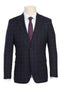 Mens Navy Plaid Suit  Designer Two Button Slim Fit Peak Lapel Suit In Navy Blue & Burgundy Windowpane Plaid Check