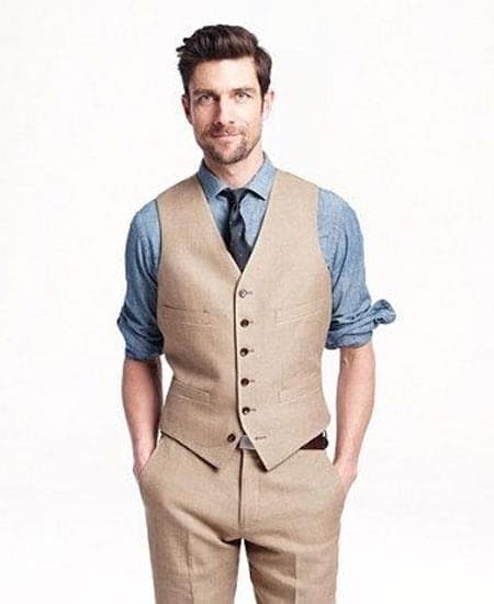 Mens Linen Vest And Pants Set - Wedding Summer Vest  in Taupe