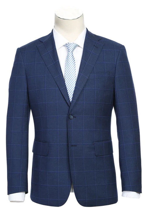 Mens Navy Plaid Suit Designer Two Button Slim Fit Notch Lapel Suit In Dark Navy Blue Windowpane Plaid Check