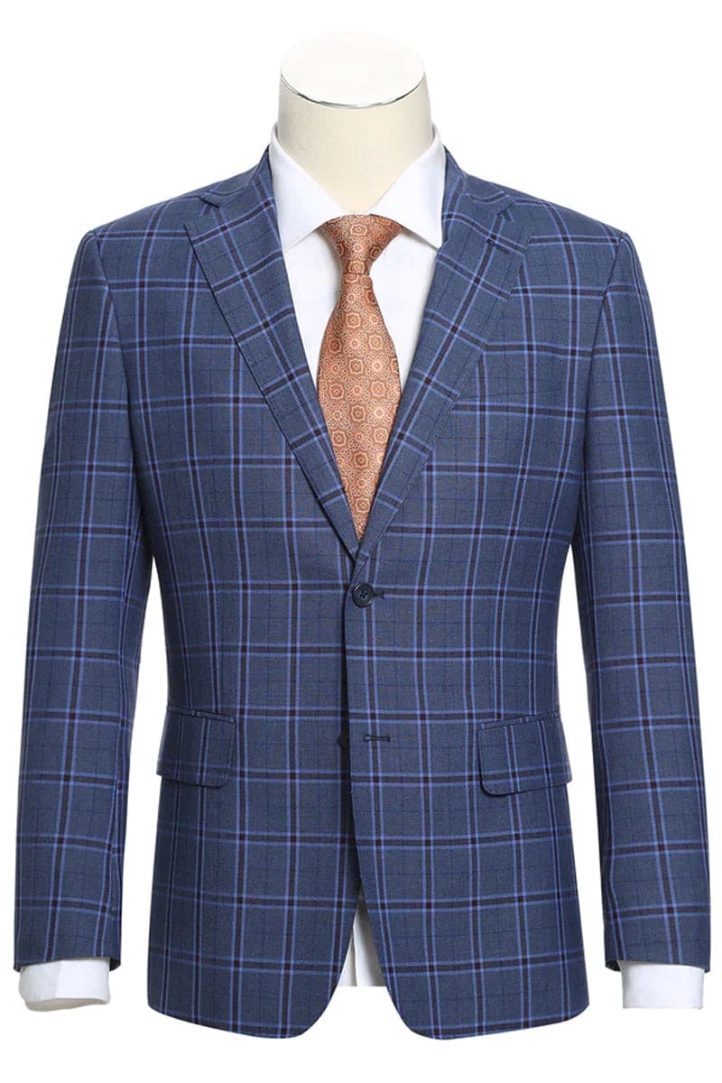 Mens Navy Plaid Suit Designer Two Button Slim Fit Notch Lapel Suit In Navy Blue Windowpane Plaid