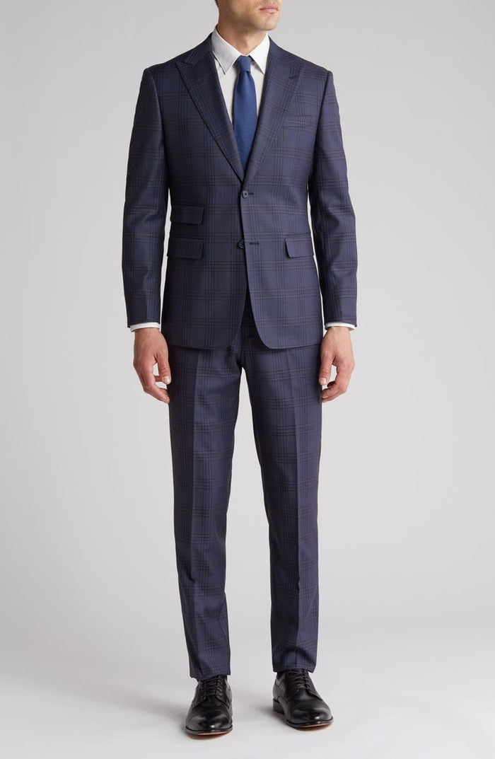 Mens Trim Fit Plaid Suit with Peak Lapel - Two Piece