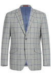 Mens Gray Plaid Suit Two Button Slim Fit Two Piece Suit In Light Grey & Blue Windowpane Plaid