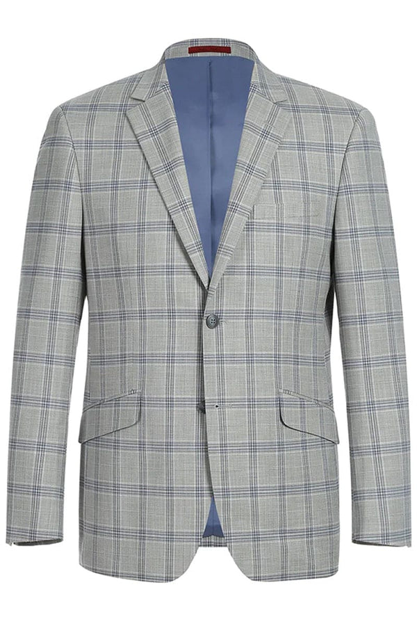 Mens Gray Plaid Suit Two Button Slim Fit Two Piece Suit In Light Grey & Blue Windowpane Plaid