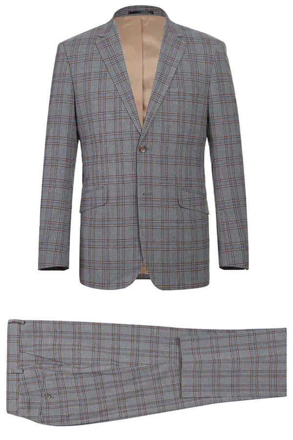 Mens Gray Plaid Suit Two Button Slim Fit Two Piece Suit In Grey & Bronze Windowpane Plaid