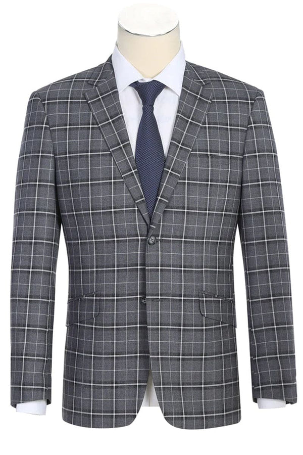 Mens Gray Plaid Suit Two Button Slim Fit Two Piece Suit In Charcoal Grey Bold Windowpane Plaid