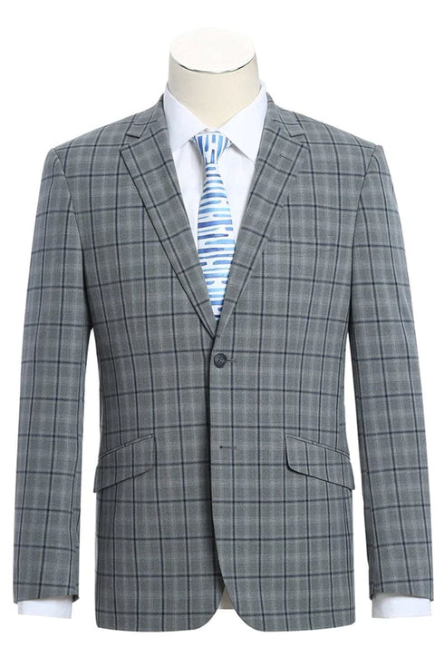 Mens Gray Plaid Suit Two Button Slim Fit Two Piece Hack Pocket Stretch Suit In Grey Windowpane Plaid