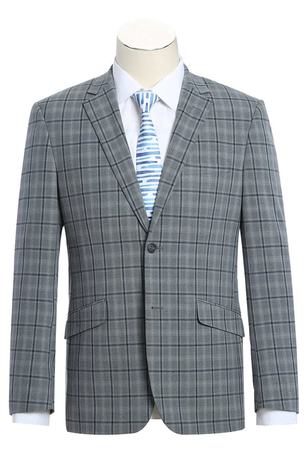 Mens Gray Plaid Suit Two Button Slim Fit Two Piece Hack Pocket Stretch Suit In Grey Windowpane Plaid