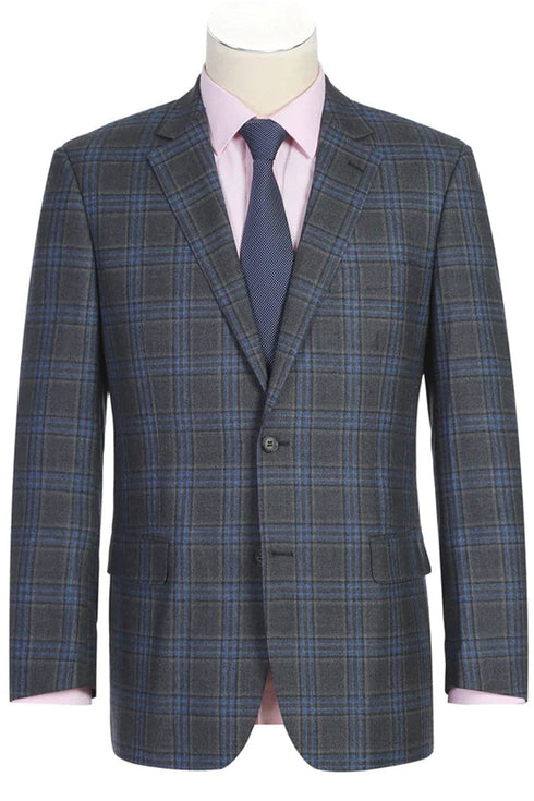 Mens Gray Plaid Suit Two Button Classic Fit Vested Wool Suit In Grey & Blue Windowpane Plaid